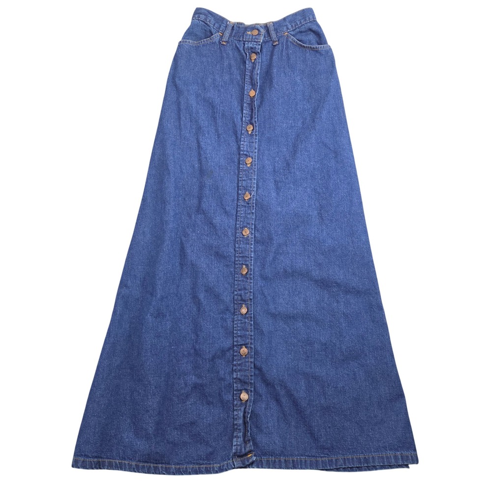 Vintage 70s Levis Denim Skirt 9/10 Blue Maxi Orange Tab Button Front Made USA